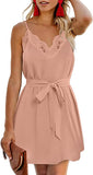 Lace Pink Women Summer Spaghetti Strap Button Down V Neck Sleeveless Casual Mini Dress - AlvaQ | Women's Cocktail Dresses