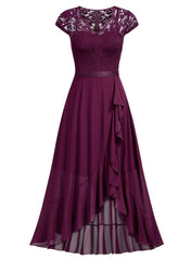 Light Purple Ladies Retro V-Neck Lace Ruffle Design Formal Party Maxi Dress - MIUSOL