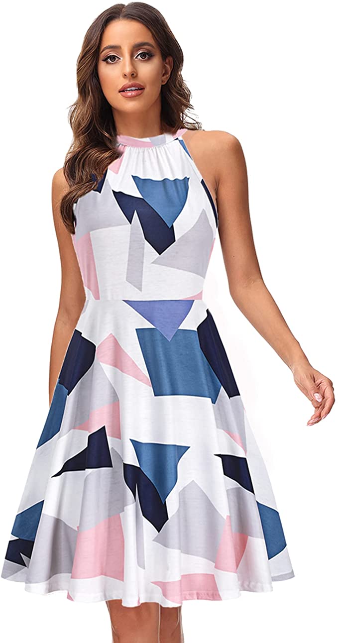 White Floral-29 Women's Halter Neck Floral Summer Casual Sundress - OUGES | Women's Casual Dresses