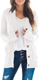 White Women's Long Sleeve Cable Knit Sweater Open Front Cardigan Button Loose Outerwear - MEROKEETY | Women's Cardigan