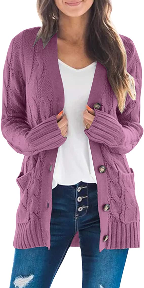 Purple Women's Long Sleeve Cable Knit Sweater Open Front Cardigan Button Loose Outerwear - MEROKEETY | Women's Cardigan