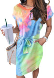 Dye Color Ful Women's Summer Striped Short Sleeve T Shirt Dress Casual Tie Waist Midi Dress - MEROKEETY | Women's Casual Dresses