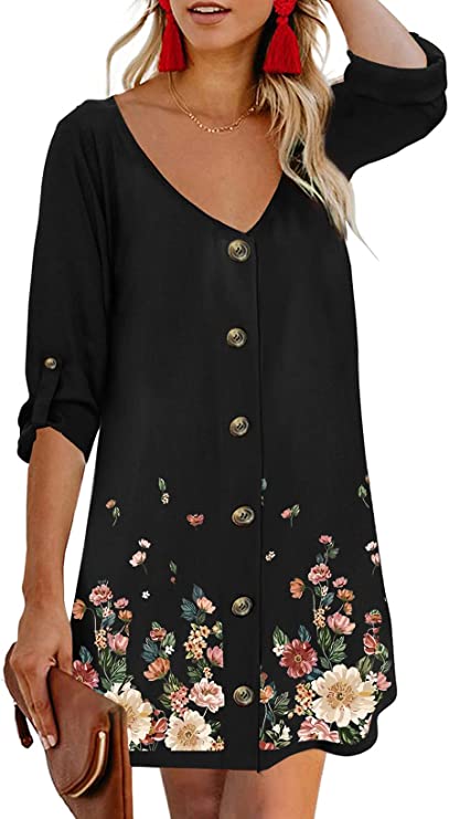 Floral Black Sleeve Women Summer Spaghetti Strap Button Down V Neck Sleeveless Casual Mini Dress - AlvaQ | Women's Cocktail Dresses