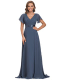 Denim Blue Ladies Double V-Neck Short Flutter Sleeves Empire Waist Elegant Chiffon Long Evening Dresses - Ever-Pretty