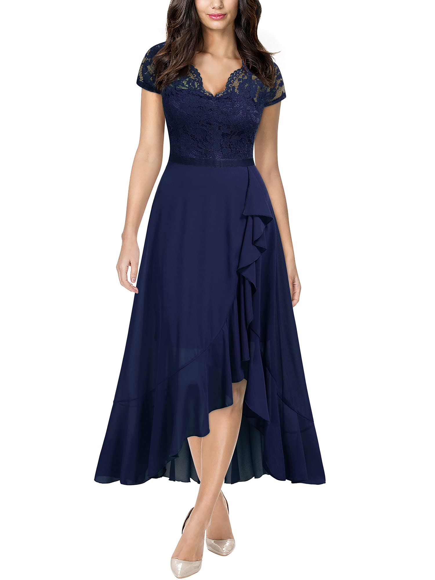 Navy Blue Ladies Retro V-Neck Lace Ruffle Design Formal Party Maxi Dress - MIUSOL