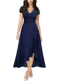Navy Blue Ladies Retro V-Neck Lace Ruffle Design Formal Party Maxi Dress - MIUSOL | Women's Evening Gowns