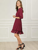 Burgundy Ruffle Dress, Hem 3/4 Sleeve Smocked A-Line Short Chiffon Dress - Allegra K | Women's Casual Dresses