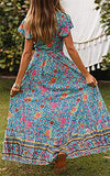Women's Bohemian Floral Printed Wrap V Neck Short Sleeve Split Beach Party Maxi Dress
