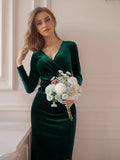Green Women's V Neck Wrap Long Sleeve Elegant Mermaid Velvet Cocktail Maxi Dress Evening Party - ZABERRY | Women's Formal Dresses