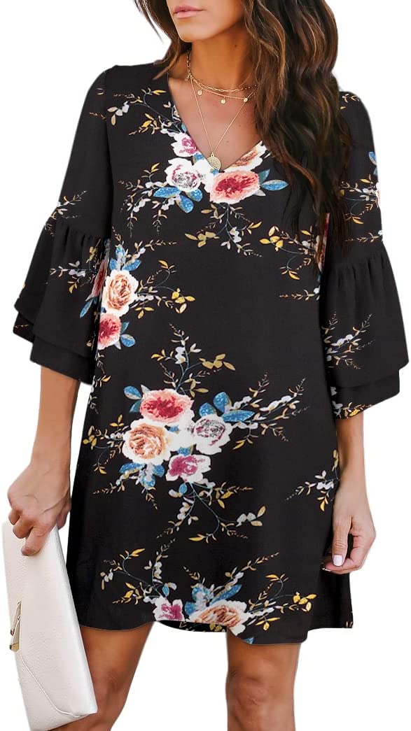 Black Floral Women's Dress Sweet & Cute V-Neck Bell Sleeve Shift Dress Mini Dress - BELONGSCI | Women's Casual Dresses