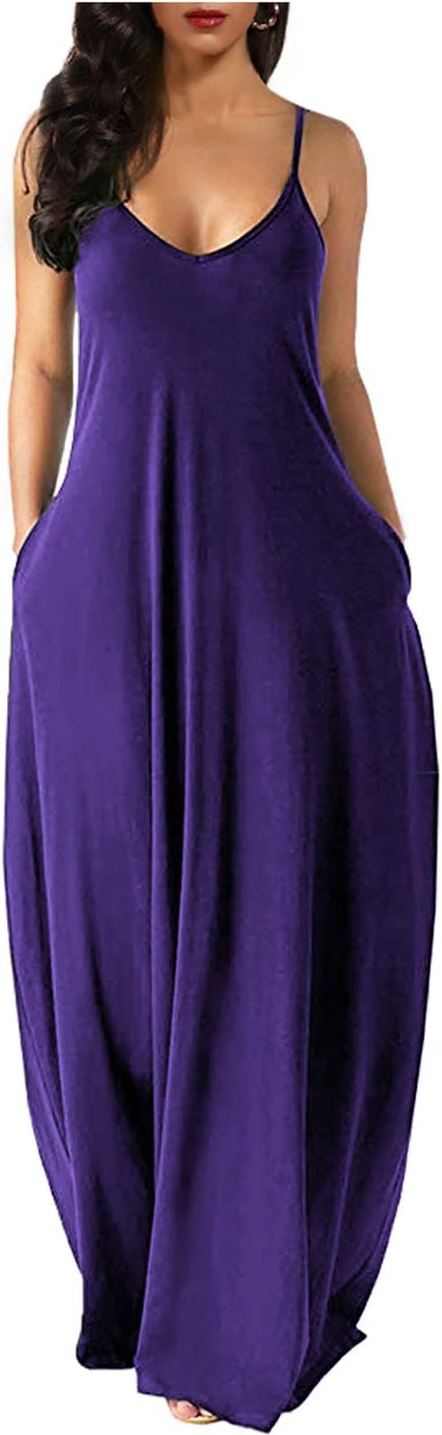 Purple Womens Casual Sleeveless Plus Size Loose Plain Long Maxi Dress with Pockets - Wolddress | Women's Casual Dresses