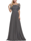 Gray Women's Long Mother of The Bride Dresses with Sleeves Bateau Neck Beaded Chiffon Maxi Lace Formal Evening Gowns - Lover Kiss