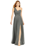 Gray One Shoulder Chiffon Bridesmaid Dresses with Slit Maxi Long Formal Dresses for Women Party - XYAYE | Women's Formal Dresses