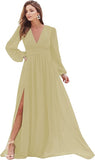 Champagne Women's Bridesmaid Dresses Long Sleeve Chiffon Deep V-Neck Formal Evening Party Gowns for Women Guests with Split A-line - YnanLi Dress | Women's Formal Dresses