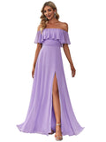 Lavender Womens Off The Shoulder Ruffle Party Dresses Side Split Beach Maxi Dress - Ever-Pretty