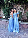 Off Shoulder Long Satin Prom Dresses A-line with Split Pockets Formal and Evening Ball Gowns