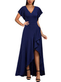 Navy Blue Women's Formal V Neck Ruffle Split Evening Party Long Dress - Miusol | Women's Formal Dresses