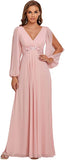 Pink Women's A-line Long Sleeve V-Neck Chiffon Mother of The Bride Dress - Ever-Pretty | Women's Formal Dresses
