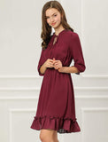 Burgundy Ruffle Dress, Hem 3/4 Sleeve Smocked A-Line Short Chiffon Dress - Allegra K | Women's Casual Dresses