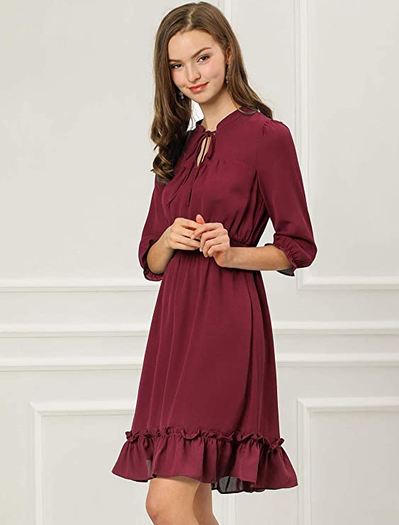 Royal Blue Ruffle Dress, Hem 3/4 Sleeve Smocked A-Line Short Chiffon Dress - Allegra K | Women's Casual Dresses