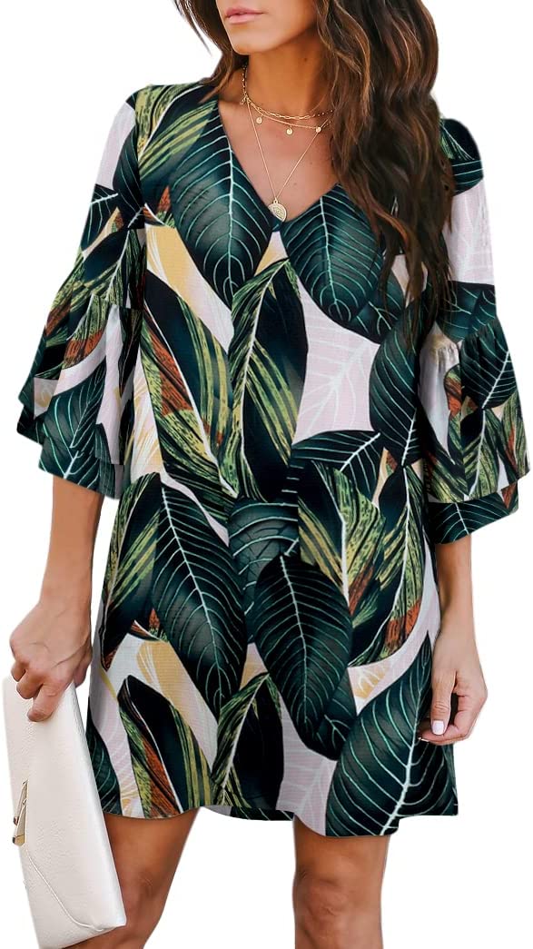 Green Multi Women's Dress Sweet & Cute V-Neck Bell Sleeve Shift Dress Mini Dress - BELONGSCI | Women's Casual Dresses