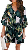 Green Multi Women's Dress Sweet & Cute V-Neck Bell Sleeve Shift Dress Mini Dress - BELONGSCI | Women's Casual Dresses