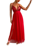 Red Sleeveless Women's Solid Mesh Spaghetti Strap Sequin Cross Back Elegant Evening Party Dress - Fuedage | Women's Formal Dresses