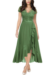 Willow Green Women's V Neck Elegant Lace Ruffle Bridesmaid Maxi Dress - Miusol