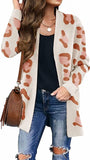 Orange Women's Open Front Leopard Knit Cardigan Sweaters Pockets Long Sleeve Outwear - MEROKEETY | Women's Cardigan