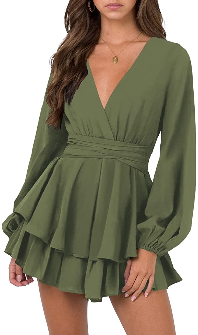 Army Green Sleeve Womens Sexy V Neck Long Baggy Sleeve Tie Waist Ruffle Hem Flowy Swing Mini Short Wrap Dress - Nova In Sky | Women's Casual Dresses
