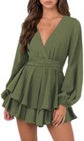 Army Green Sleeve Womens Sexy V Neck Long Baggy Sleeve Tie Waist Ruffle Hem Flowy Swing Mini Short Wrap Dress - Nova In Sky | Women's Casual Dresses