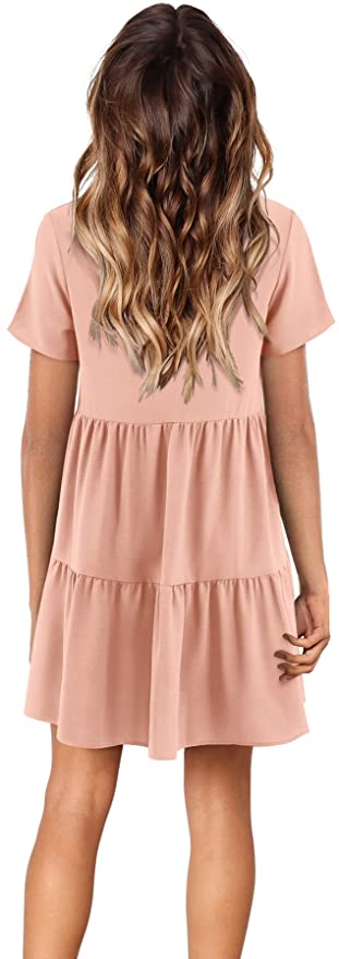 Pink Short Sleeve Women Summer Tunic Dress V Neck Casual Loose Flowy Swing Shift Dresses - Amoretu | Women's Casual Dresses