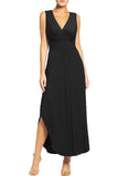 Black Women Sleeveless Deep V Neck Pocket Loose Long Dress Split Maxi Casual Dresses - WOOSEA | Women's Cocktail Dresses