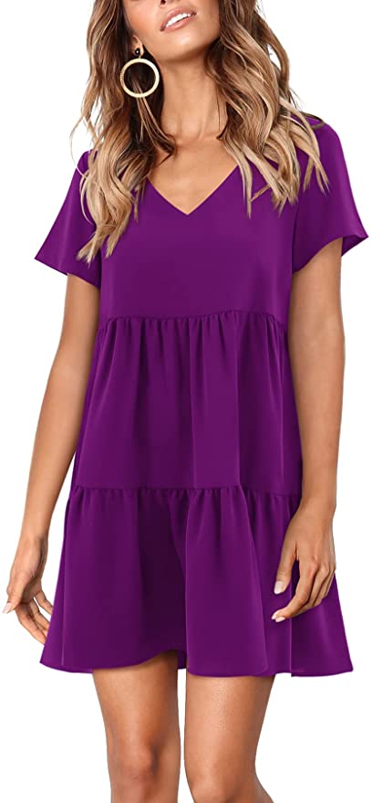 Purple Short Sleeve Women Summer Tunic Dress V Neck Casual Loose Flowy Original Brand Purple Short Sleeve Women Summer Tunic Dress V Neck Casual Loose Flowy Original Brand