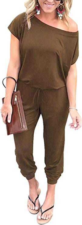 Khaki Women's Loose Solid Off Shoulder Elastic Waist Stretchy Long Romper Jumpsuit - PRETTYGARDEN | Women's Romper & Jumper Suit