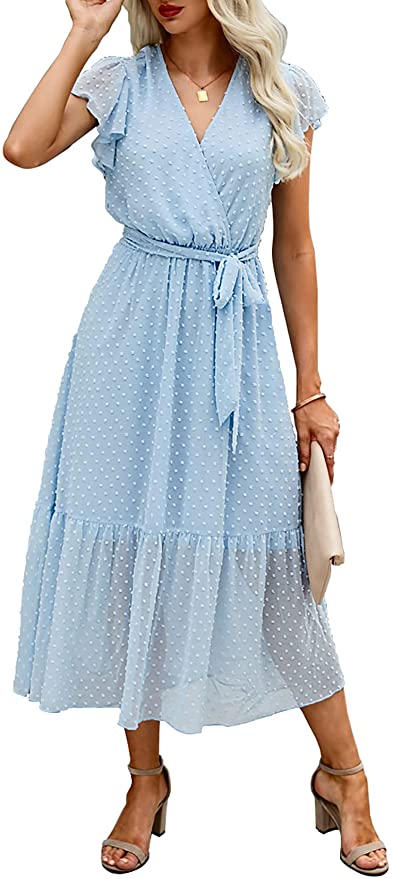 Swiss Dot Light Green Women Summer Bohemian Floral Casual Wrap V Neck Ruffle Cap Sleeveless Belt A-Line Pleated Hem Swing Midi Sun Dress - BTFBM | Women's Casual Dresses
