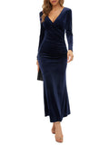 Navy Women's V Neck Wrap Long Sleeve Elegant Mermaid Velvet Cocktail Maxi Dress Evening Party - ZABERRY | Women's Formal Dresses