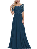 Dark Teal Women's Long Mother of The Bride Dresses with Sleeves Bateau Neck Beaded Chiffon Maxi Lace Formal Evening Gowns - Lover Kiss | Women's Formal Dresses