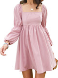 Pink Womens Square Neck Dress Long Puff Sleeve A-Line Casual Short Mini Dress - Exlura | Women's Casual Dresses