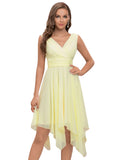 Yellow Ladies Double V Neck Empire Waist Midi Asymmetrial Hem Short Evening Party Dresses - Ever-Pretty