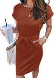 Solid Rust Women's Summer Striped Short Sleeve T Shirt Dress Casual Tie Waist Midi Dress - MEROKEETY | Women's Casual Dresses