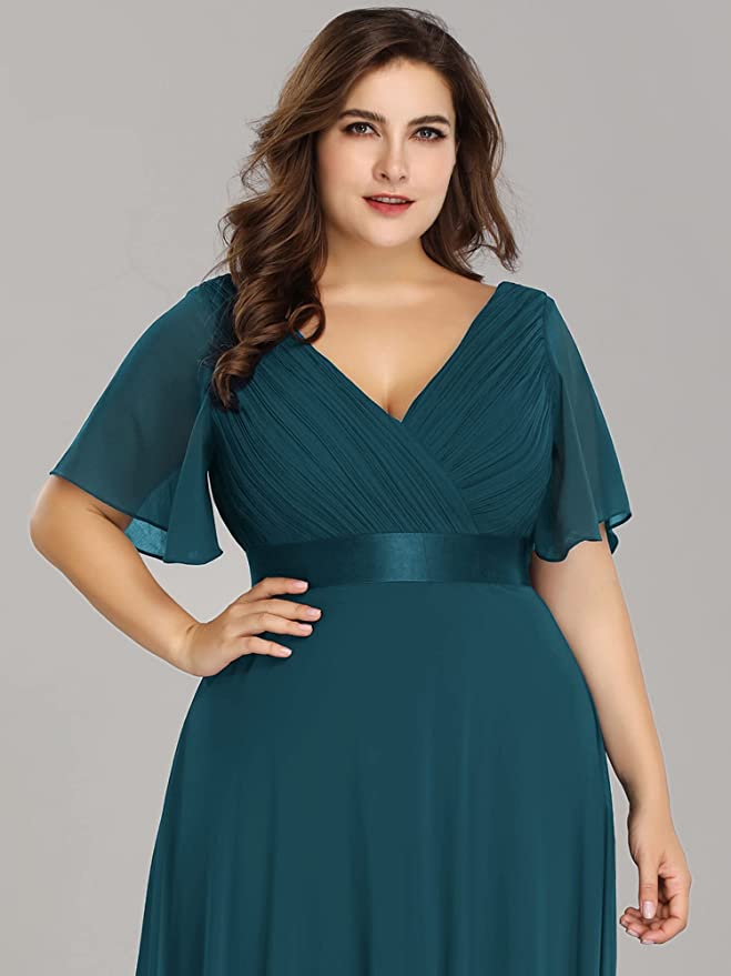 Teal Women's Plus Size Double V-Neck Evening Party Maxi Dress - Ever-Pretty | Women's Formal Dresses
