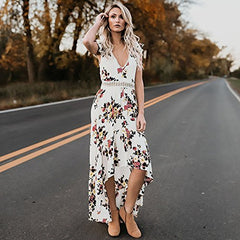 Sexy Backless Asymmetrical Lace Maxi Dress Women Summer Floral Flowy Deep V Neck Dresses