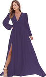 Dark Purple Women's Bridesmaid Dresses Long Sleeve Chiffon Deep V-Neck Formal Evening Party Gowns for Women Guests with Split A-line - YnanLi Dress | Women's Formal Dresses