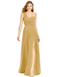 Gold One Shoulder Chiffon Bridesmaid Dresses with Slit Maxi Long Formal Dresses for Women Party - XYAYE | Women's Formal Dresses