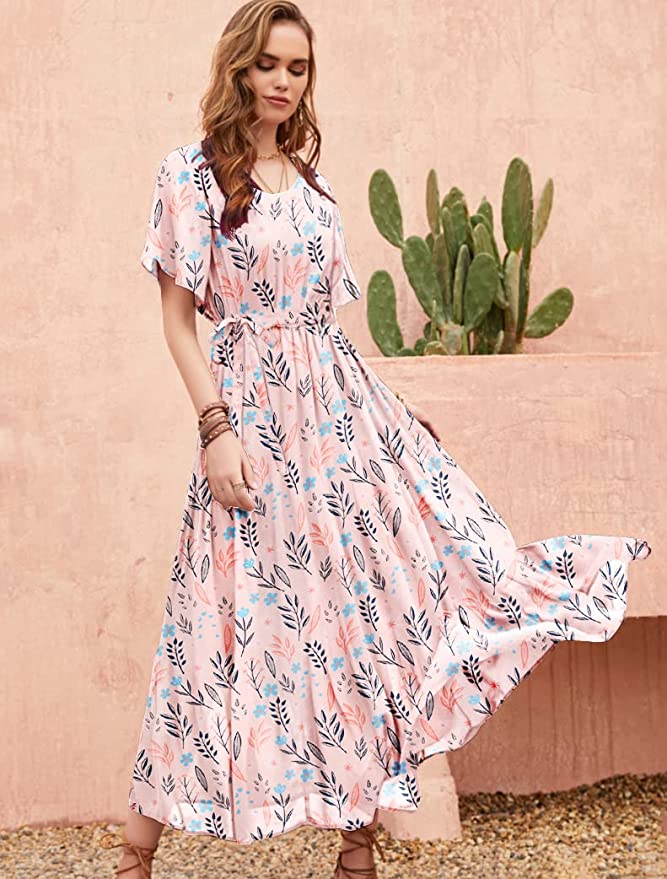 Light Pink Lace Knotted on the Left Women Casual Loose Bohemian Floral Dress with Pockets Short Sleeve Long Maxi Summer Beach Swing Dress - Yesno | Women's Casual Dresses