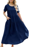 Navy Blue Women Casual Loose Bohemian Floral Dress with Pockets Short Sleeve Long Maxi Summer Beach Swing Dress - Yesno | Women's Casual Dresses