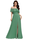 Green Womens Off The Shoulder Ruffle Party Dresses Side Split Beach Maxi Dress - Ever-Pretty
