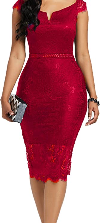 Red Women's Elegant Floral Lace Bodycon Cocktail Lace Dress - ALLANDWELL | Women's Cocktail Dresses