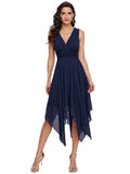 Navy Blue Ladies Double V Neck Empire Waist Midi Asymmetrial Hem Short Evening Party Dresses - Ever-Pretty